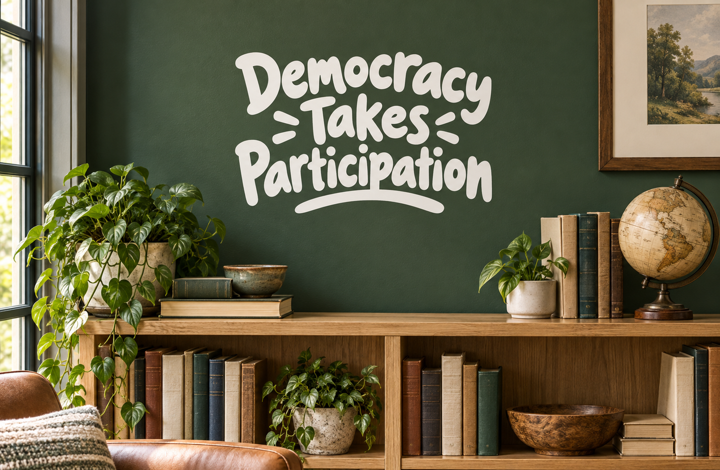 Vinyl decal with white text “Democracy Takes Participation”