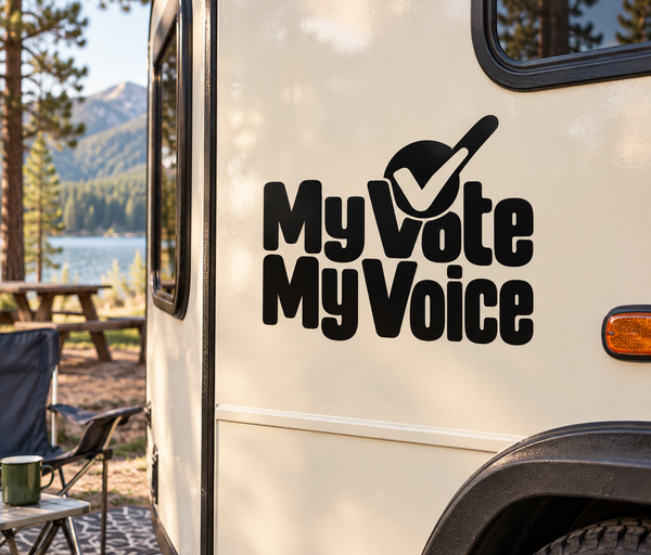 Vinyl decal with black “My Vote My Voice” text and checkmark for cars or RVs