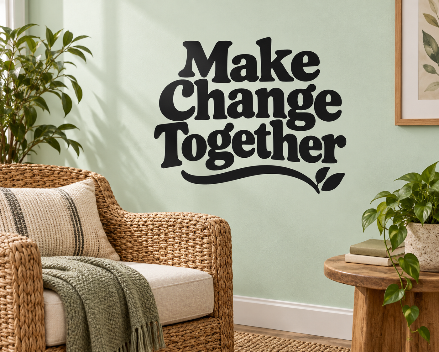 Vinyl wall decal reading 'Make Change Together' with small leaf accent