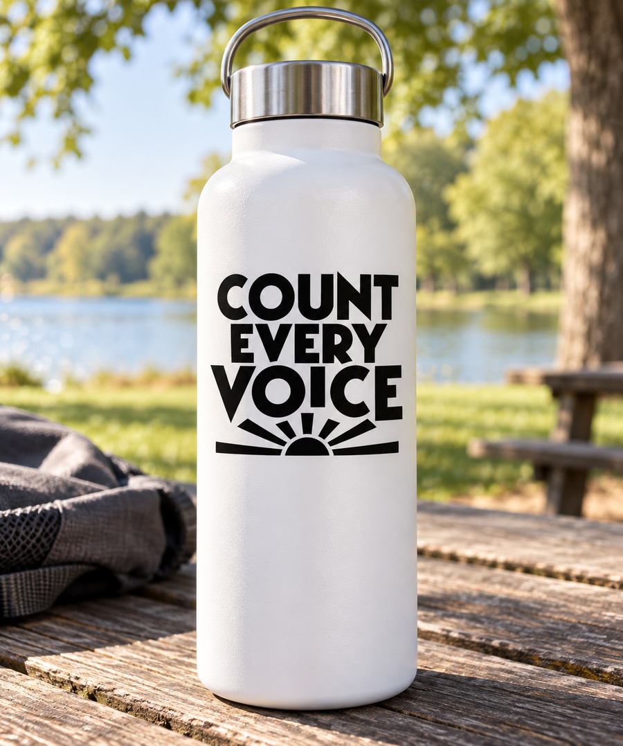 Vinyl decal on a white bottle: black “COUNT EVERY VOICE” lettering with rays