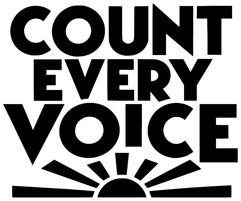 Vinyl decal text “COUNT EVERY VOICE” in bold black with sunburst rays at bottom
