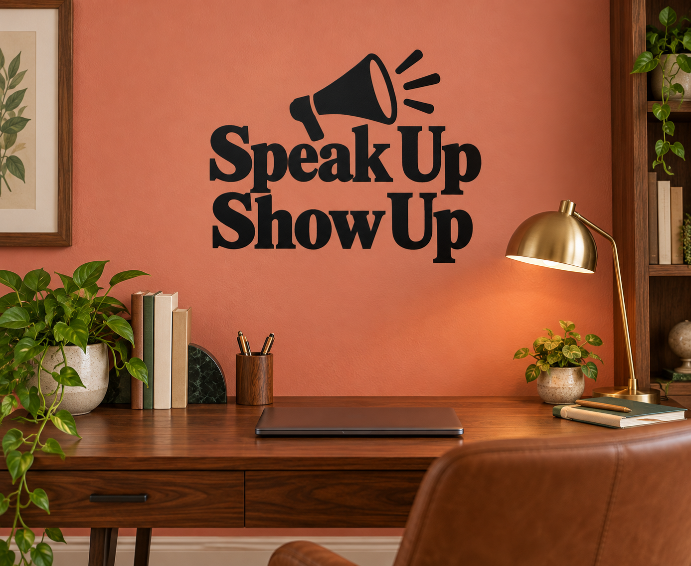 Vinyl wall decal: black Speak Up Show Up text with megaphone icon