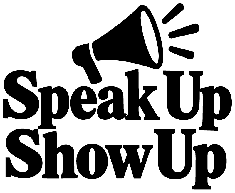Vinyl decal close-up: black Speak Up Show Up lettering with megaphone symbol