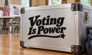 Silver surface with 'Voting Is Power' black vinyl decal and star