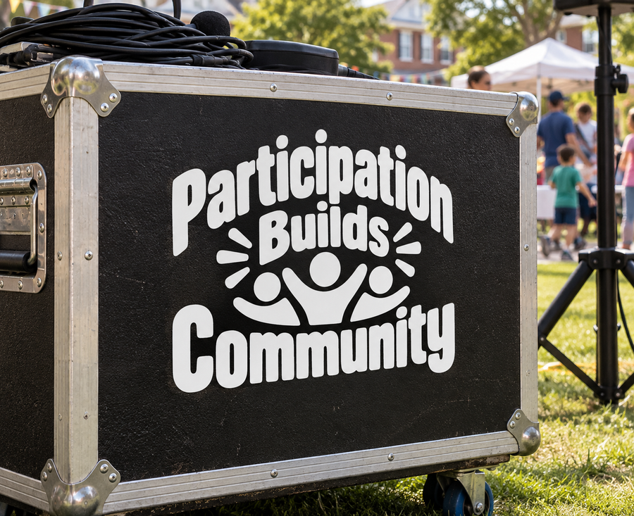 Black vinyl decal with white "Participation Builds Community" text and people icon