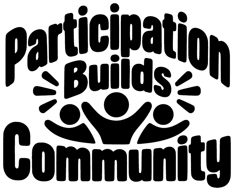 Black vinyl decal with large white "Participation Builds Community" lettering and icon