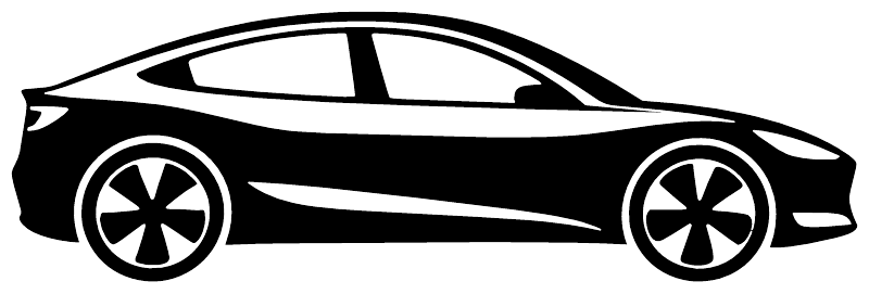 Electric sedan profile vinyl decal, black silhouette with white highlights