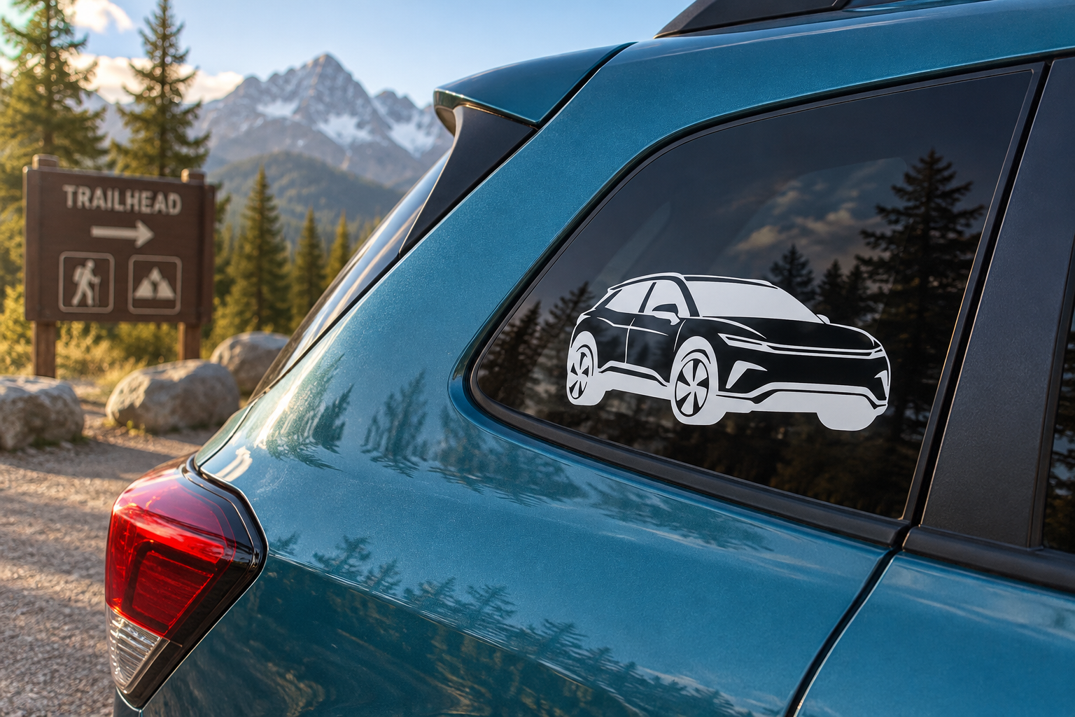 Electric vehicle crossover vinyl decal on car side window, white EV icon