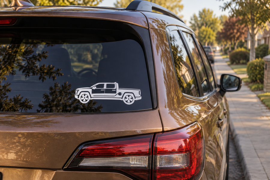 Electric vehicle pickup profile vinyl decal on rear window, white outline