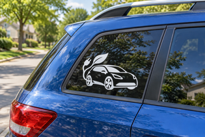 Electric vehicle vinyl decal of a white car with leaves and charging plug on rear window