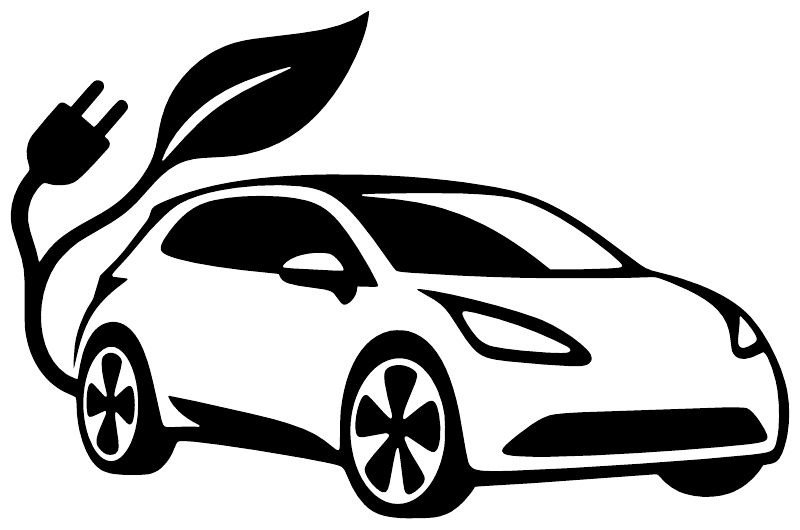 Black and white electric car vinyl decal with charging plug and leaf accents