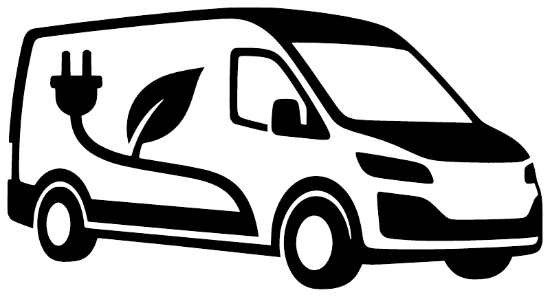 Electric delivery van vinyl decal, white van with charging plug and outlet icon