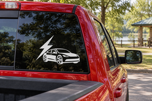 Electric vehicle lightning sedan vinyl decal on car window, black lightning and EV car icon