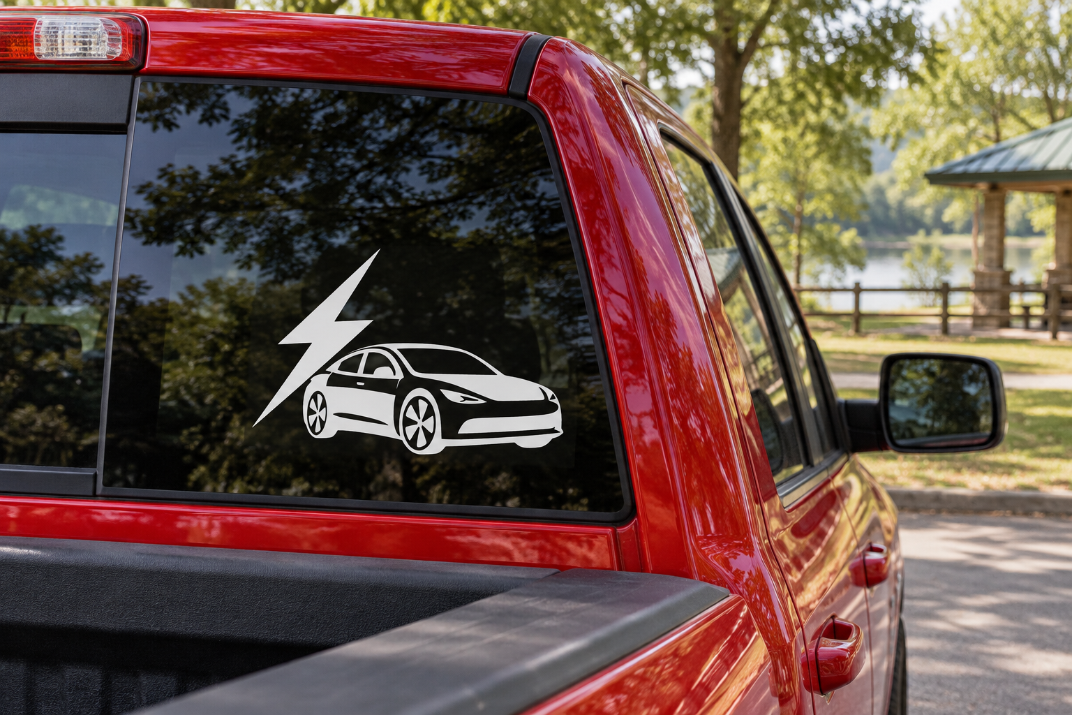 Electric vehicle lightning sedan vinyl decal on car window, black lightning and EV car icon