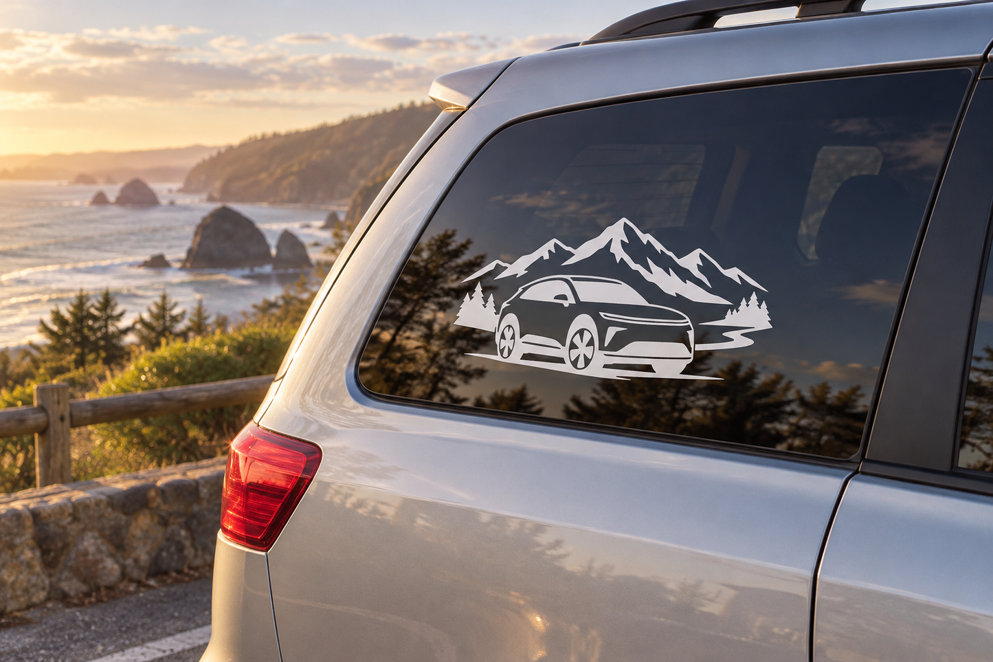 Electric vehicle mountain crossover vinyl decal on car rear side window