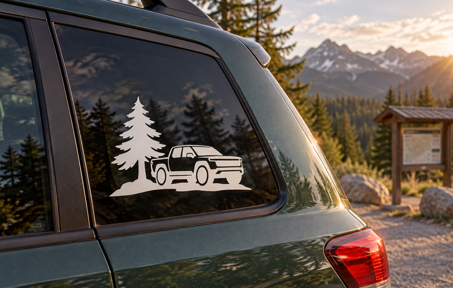 Vinyl decal featuring pine trees and a pickup truck outline on a vehicle window