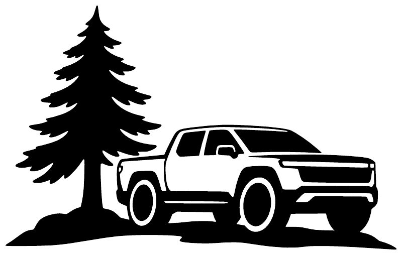 Vinyl decal of pine trees with a pickup truck illustration, black on white
