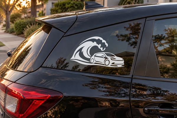 Electric vehicle coastal hatchback vinyl decal on car window: wave with EV car icon
