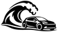 Electric vehicle coastal hatchback vinyl decal graphic: black wave with EV car icon