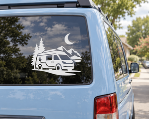 Electric camper vehicle vinyl decal with moon, trees, and mountain scene