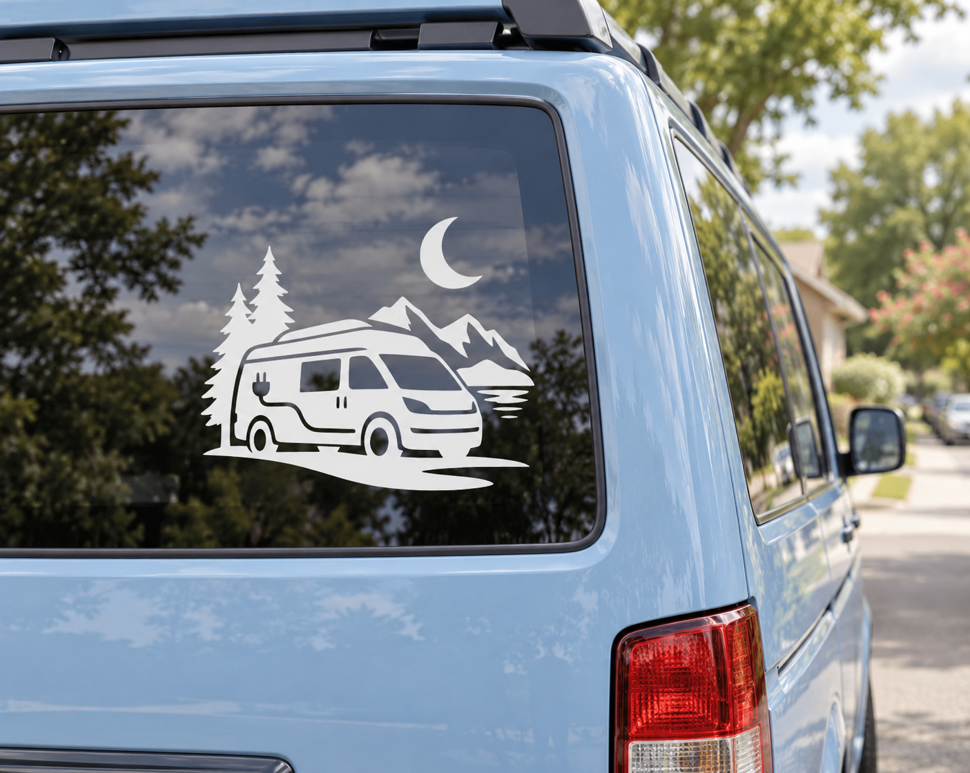 Electric camper vehicle vinyl decal with moon, trees, and mountain scene