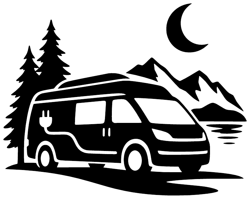 Electric camper vehicle vinyl decal with moon, pine trees, and mountains, black design