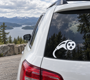 Electric vehicle charging plug vinyl decal on car rear window, white icon