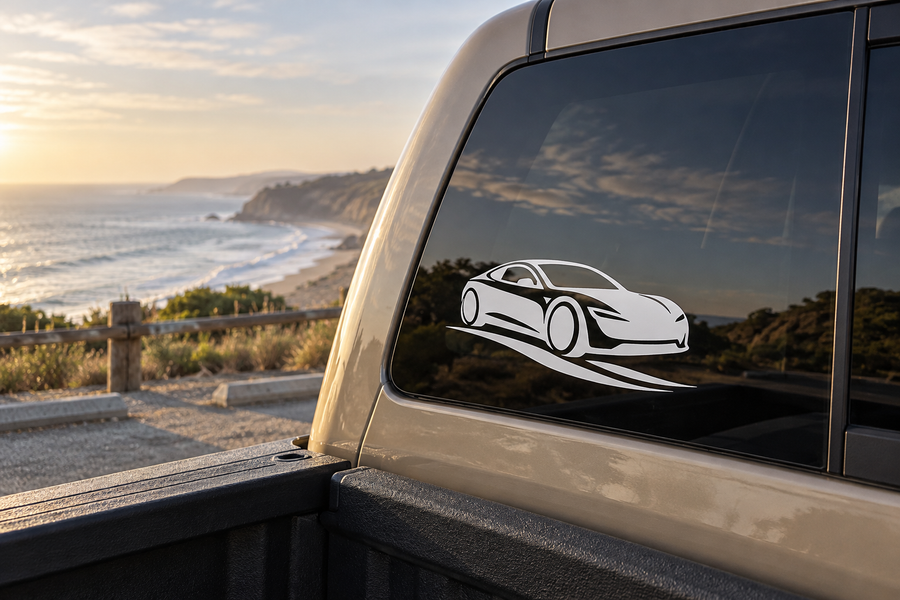 Electric coupe motion vinyl decal on car window, white outline with black fill