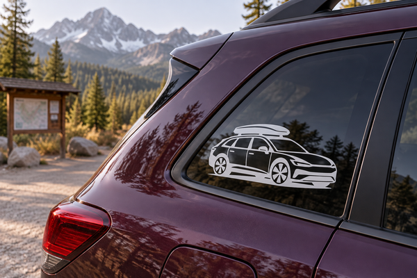 Electric vehicle wagon vinyl decal with white car outline on window