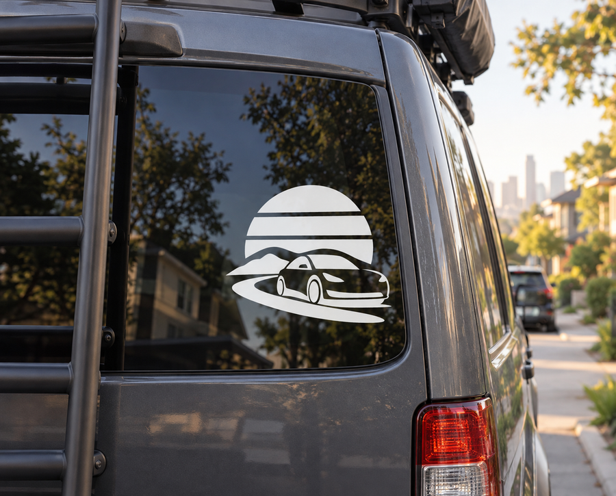 Electric vehicle vinyl decal: black-and-white sunset with sports car on window