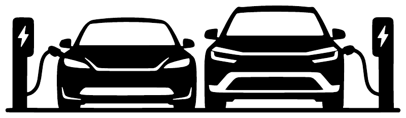Black vinyl decal of two electric car silhouettes with side lightning and parking arrows
