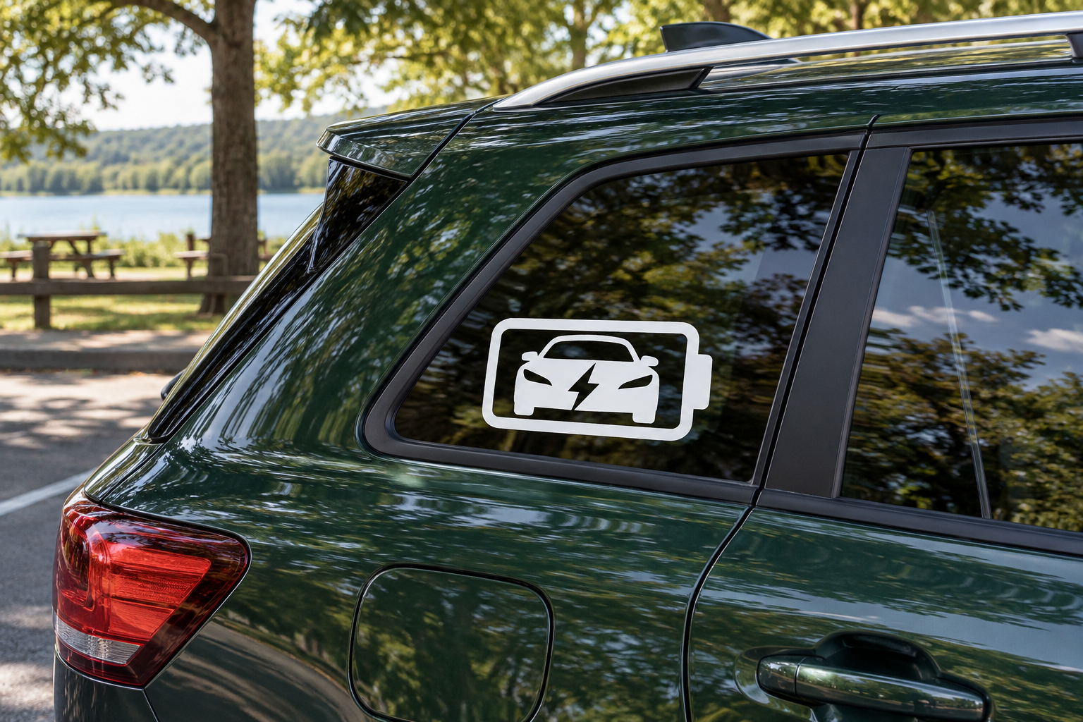 Electric vehicle battery emblem vinyl decal on car rear window, white framed icon