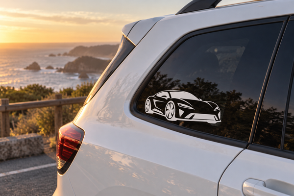 Electric sports car vinyl decal on car side window, black and white angular design