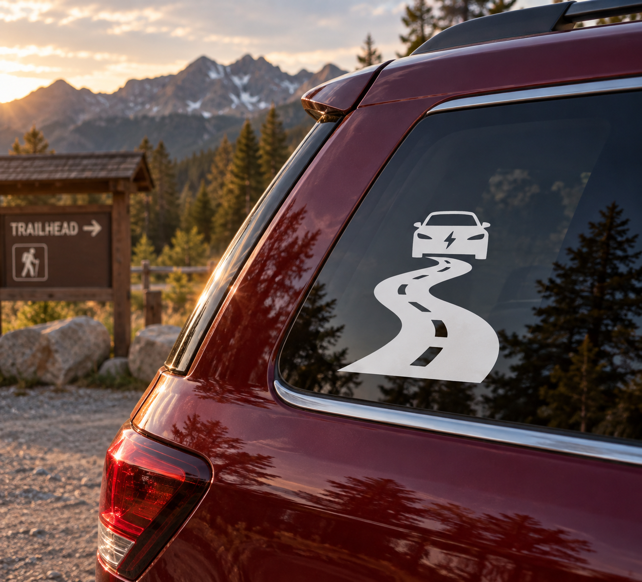 Electric vehicle winding road vinyl decal, white lightning and road swirl on window
