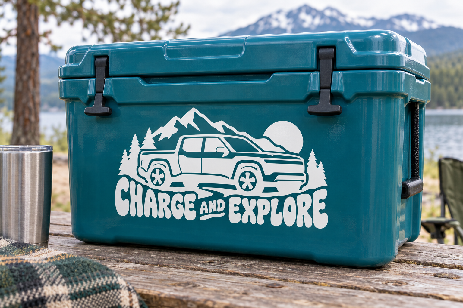 Electric vehicle charge and explore vinyl decal on teal cooler with car, mountains, trees