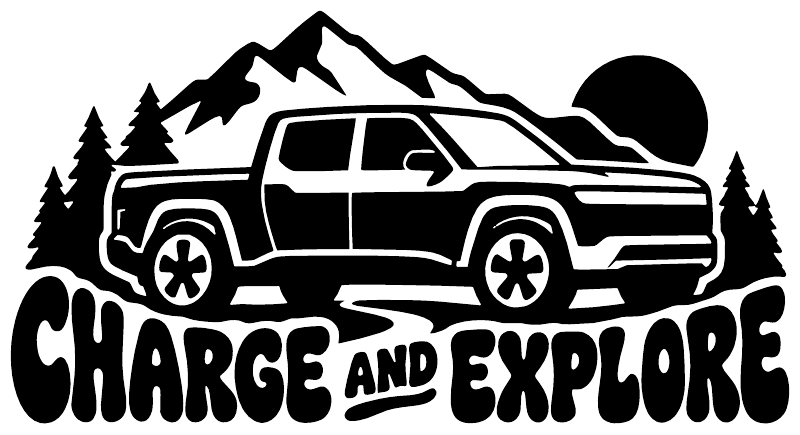 Black and white charge and explore electric car vinyl decal with mountains, trees, sun