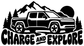 Black and white charge and explore electric car vinyl decal with mountains, trees, sun