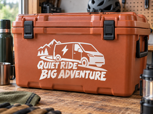 Vinyl decal: quiet ride big adventure with truck, lightning, and mountain icons