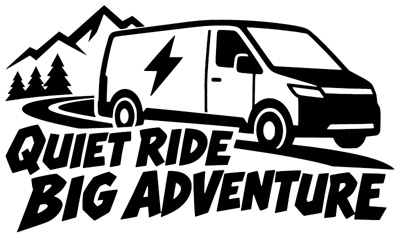 Black-and-white vinyl decal graphic of quiet ride big adventure with EV truck