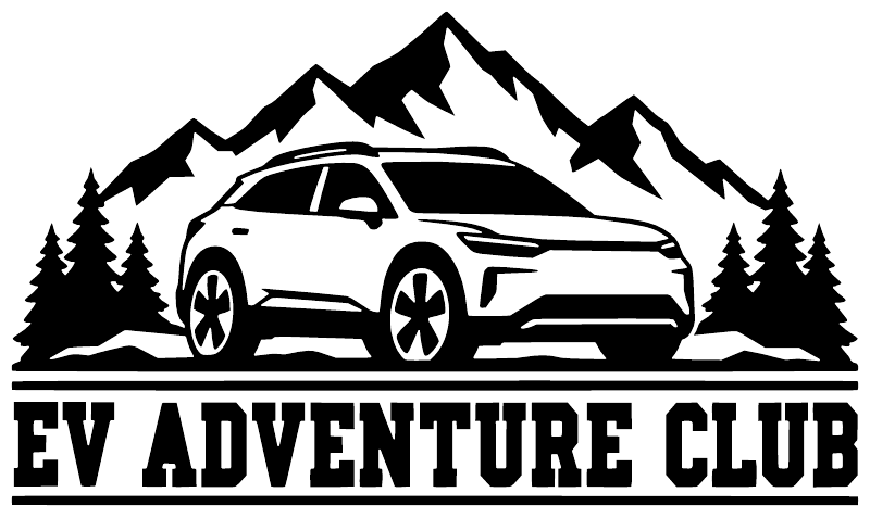 Black-and-white EV Adventure Club vinyl decal showing an EV car, mountains, and trees