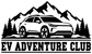 Black-and-white EV Adventure Club vinyl decal showing an EV car, mountains, and trees