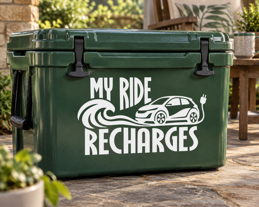 Vinyl decal sticker with “My Ride Recharges” text and an EV charging car icon