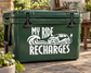 Vinyl decal sticker with “My Ride Recharges” text and an EV charging car icon