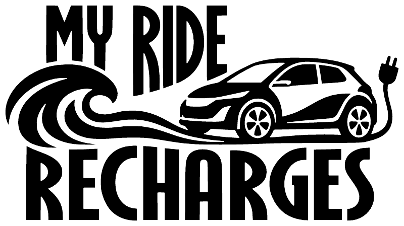 Vinyl decal sticker design: “My Ride Recharges” with EV car and charging waves