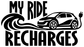 Vinyl decal sticker design: “My Ride Recharges” with EV car and charging waves