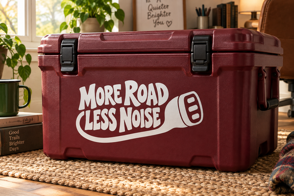 Burgundy vinyl decal: 'MORE ROAD LESS NOISE' with icon