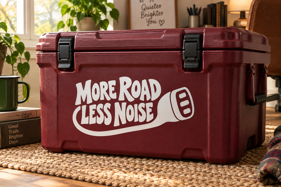 Burgundy vinyl decal: 'MORE ROAD LESS NOISE' with icon