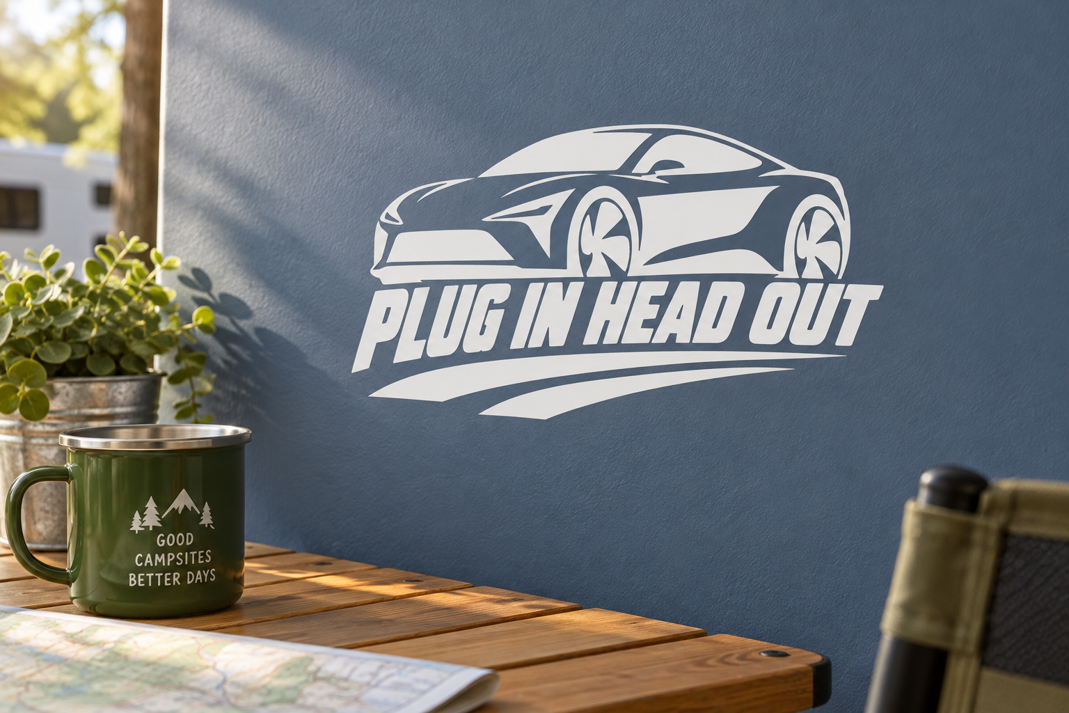 Electric vehicle plug-in head out vinyl decal with stylized car and bold text