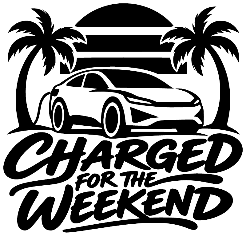 Black electric car vinyl decal with palm trees and "Charged for the Weekend" text