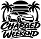 Black electric car vinyl decal with palm trees and "Charged for the Weekend" text